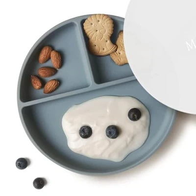Afbeelding van siliconen kinderbord, babybord met zuignap, BPA vrij, antislip, gedeelde babyborden van deksel, magnetron en vaatwasmachinebestendig (Ether)