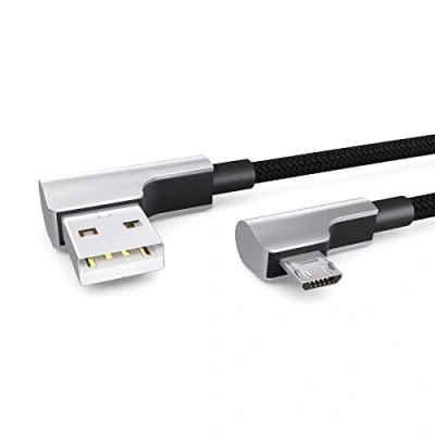 Afbeelding van 2m Nylon Micro USB Kabel zwart, 90 graden hoekplug, naar oplaadkabel, datakabel, 2.0