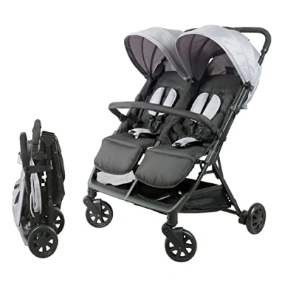 Afbeelding van Bambisol Dubbele kinderwagen naast elkaar, ideaal voor tweelingen vanaf de geboorte, met ultracompacte vouwing, kleur: zwart en grijs