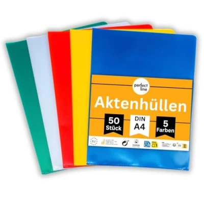 Afbeelding van perfect line 50 gekleurde insteekhoezen DIN A4 transparant, 5 kleuren, generfd, documentveilig, made in EU
