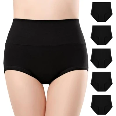 Afbeelding van Anntry Dames Comfort Katoenen Ondergoed 5 Pack Hoge Taille Slips Buikcontrole Stretch Slipje Onderbroek voor Vrouwen, Balck 1, XL