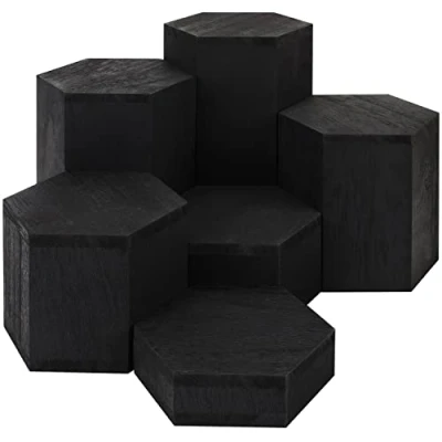 Afbeelding van Belle Vous 6 Pak Zwart Houten Hexagonale Display Plinten Displays voor Planken en Balies Stapsgewijze Sieraden, Verkoop, Miniaturen, Cupcakes Desserts