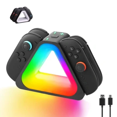 Afbeelding van Ladedock voor Switch 2,4 in 1 Nintndos 2 laadstation met 7 kleuren RGB lichten, USB C PD snel laden kabel, laadt 4 Joy Cons controllers, draagbaar reisontwerp