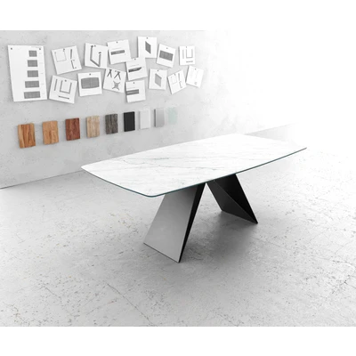 Afbeelding van Eettafel Edge bootsvorm 200x100cm Laminam® keramiek wit V middenvoet zwart