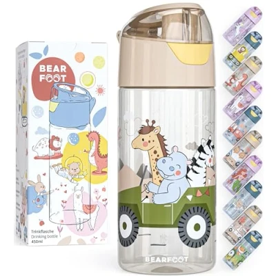 Afbeelding van BEARFOOT Drinkfles voor kinderen, 450 ml, lichte Tritan waterfles, BPA vrij, lekvrij, geschikt koolzuurhoudende dranken, vaatwasmachinebestendig, jongens, meisjes, peuters (beige safari)