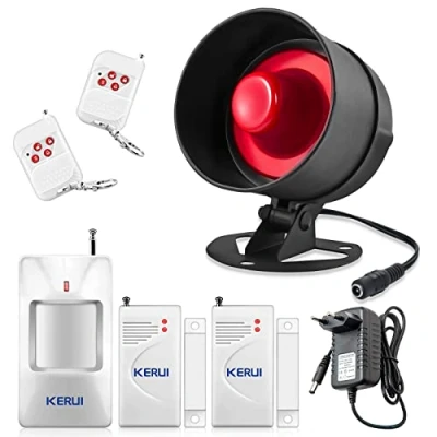 Afbeelding van KERUI Draadloos huisalarmsysteem, inbraakalarmsysteem, kit met 115 dB alarm, werkt garage, huis, magazijn (1 sirenehoorn, 2 deuralarm, afstandsbediening, 1 bewegingssensor)