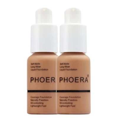 Afbeelding van Glamza Phoera foundation make up set met volledige dekking 24 uurs langdurige oliebestrijding zachte gladde matte vlekkeloze concealer crème Inc x2 30ml en siliconen blender spons (107 honing)
