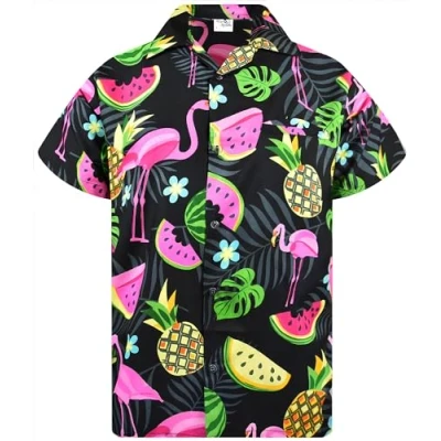 Afbeelding van King Kameha Funky Hawaïhemd voor heren, korte mouwen, voorzak, party, flamingo, meloenprints, Flamingo Melone zwart, L