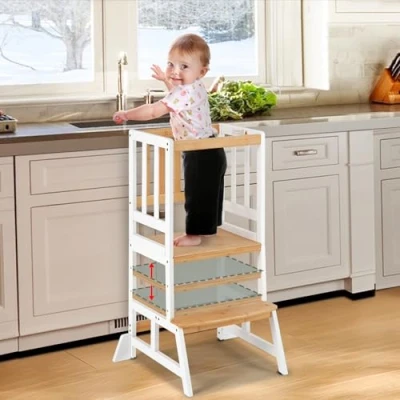 Afbeelding van ​COSYLAND Leertoren vanaf 1 Jaar Kinderstoel van Bamboe Met Kantelbeveiliging, Antislipmatten, 2 Treden en Veiligheidsbeugel Voor Keuken Kinderkamer​ Verstelbare Hoogte Naturel/Wit