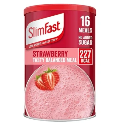 Afbeelding van SlimFast Evenwichtige maaltijdshake, gezonde shake voor uitgebalanceerd dieet met vitaminen en mineralen, rijk aan vezels, maaltijdvervanging, aardbeiensmaak, 16 porties, 584 g, verpakking kan