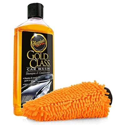 Afbeelding van detailmate Autowas en onderhoudsset voor de optimale handwas: Meguiars Gold Class Car Wash autoshampoo 473ml + microvezel washandschoen oranje