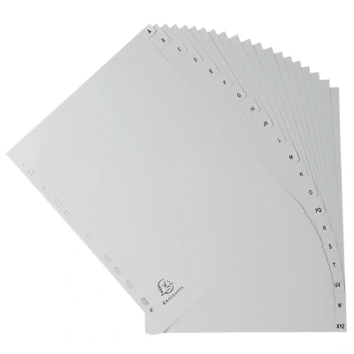 Afbeelding van Exacompta ref. 1920E Grijze gerecycleerde polypropyleen tabbladen met 20 alfabetisch gedrukte tabs van A tot Z Formaat A4 Maxi Afmetingen: 24,5 x 29,7 cm Blauer Engel gecertificeerd
