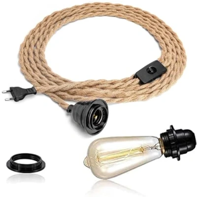 Afbeelding van Hanglamp in set, met schakelaar, vintage lampenkabel 4,5 meter gedraaid henneptouw, E27 fitting, aansluitbaar, doe het zelf, boerderij, zolder, zonder gloeilamp