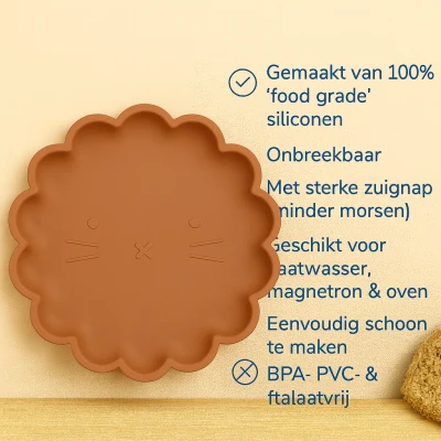Afbeelding van Dutsi Welpje Serie Siliconen Babybord met Leeuwen Ontwerp 18 cm Kaneelbruin