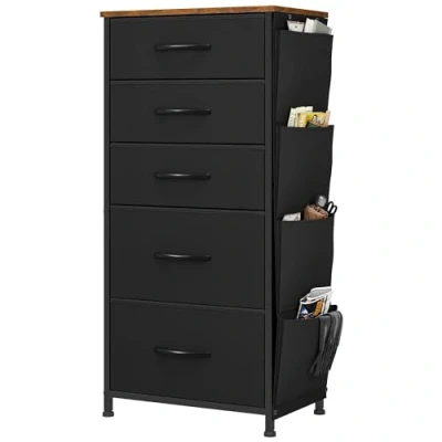 Afbeelding van YITAHOME Ladecommode, dressoir met zijzakken en haken, stof 5 laden handgrepen, metalen frame, houten blad, voor slaapkamer, woonkamer, kinderkamer, hal, zwart