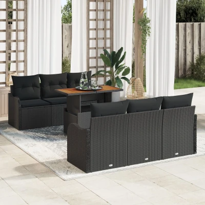 Afbeelding van vidaXL 7 delige tuinsofa set met kussens zwart poly riet acacia