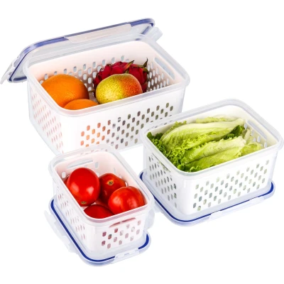 Afbeelding van Belle Vous 3 Pack of Fresh Produce Saver Storage Containers with Drain Baskets Reusable Fridge/Freezer Plastic Food Organiser Bins Lids Store Vegetables &amp; Fruit Dishwasher/Microwave Safe