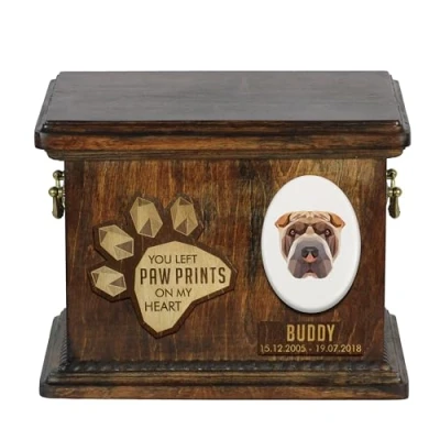 Afbeelding van Art Dog Pet Memorial Urn Handgemaakt koud gegoten bronzen portret op berkenbasis Gepersonaliseerde hondencrematiedoos 8,3x11,4x8,7 Shar Pei