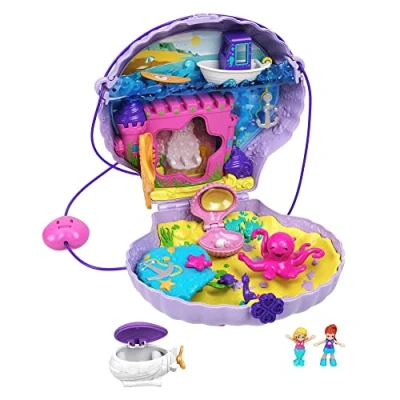 Afbeelding van Polly Pocket Tiny Power Compact Schelpentasje met draagband, allerlei leuke zeefiguren, micro zeemeerminpoppen en Lila, 2 accessoires stickervel, voor kinderen vanaf 4 jaar, GNH11