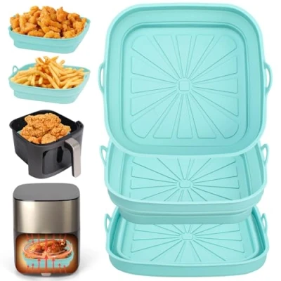 Afbeelding van Alyvisun Air Fryer Siliconen Pot, 3 Stuks Airfryer Liners Herbruikbare Heteluchtfriteuse Pan Mand Vierkant Opvouwbare Tray Rack Basket voor Lucht Frituur, Magnetron, Oven (Blauw)