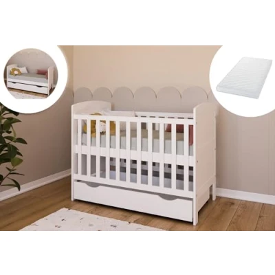 Afbeelding van Kids Collective babybed, kinderbed, 70 x 140 cm, met matras en lade, in hoogte verstelbaar, wit, Made Europe, van geboorte tot 6 jaar