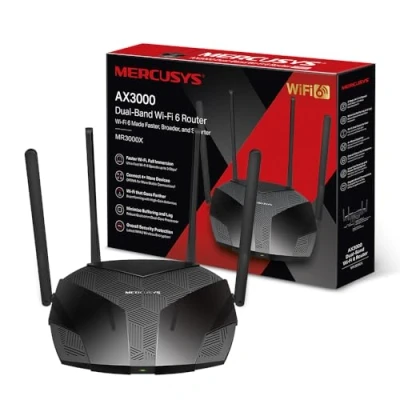 Afbeelding van Mercusys wifi 6 router, 3000 Mbps, dual band 4 Gigabit RJ45 poorten, antennes 5dBi, MU MIMO, WPA3, intelligente verbinding, ouderlijk toezicht, BSS Color technologie, MR3000X