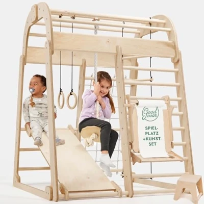 Afbeelding van Verbeterd houten klimrek voor binnen, Montessori indoor speelplaats met glijbaan, klimwand, klimtouw en kunst toevoegen, stabiele klimdriehoek kinderen van 3 tot 8 jaar