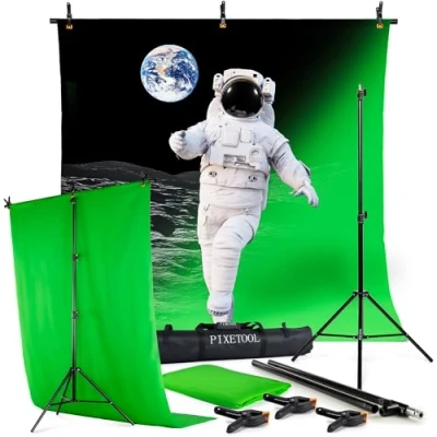 Afbeelding van Pixetool Green Screen Doek 260 x 150cm met achtergrondsysteem 2,6 1,5m Achtergronddoek Fotostudio Studio Inclusief 3 klemmen