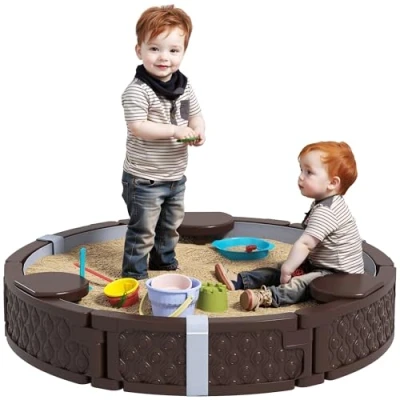 Afbeelding van AIYAPLAY Sandkasten, Sandkiste Sandbox mit 3 Sitzen, wasserfeste Unterlage, wetterbeständige Schutzplane, für 1,5 5 Jahre Kinder Dunkelbraun