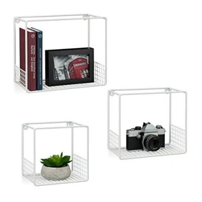 Afbeelding van Relaxdays wandbox set van 3 stuks wandkubus metaal wandboard kubus wandelement wit