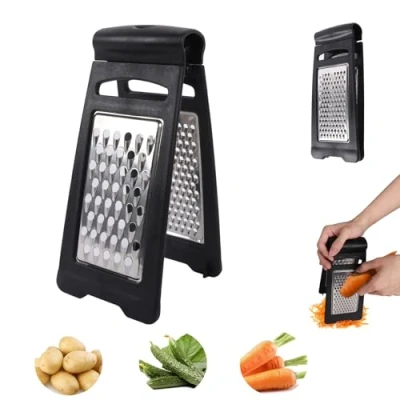 Afbeelding van Guittly Opvouwbare rasp voor groenten van roestvrij staal, inklapbare groentenrasp met grof en fijn rasp, groenteschaaf, dubbele kantiek, keukenrasp rauwe aardappelen, fruit (zwart)