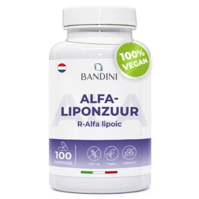 Afbeelding van Bandini® ALA Alpha Liponzuur Vertraagde afgifte Geschikt voor een veganistisch dieet Maximale opname Natuurlijk antioxidant Beschermt tegen oxidatieve stress 100 capsules 100%