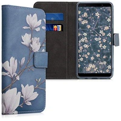 Afbeelding van kwmobile telefoonhoesje geschikt voor Samsung Galaxy A7 (2018) Backcover smartphone Hoesje met pasjeshouder in taupe / wit blauwgrijs Magnolia design