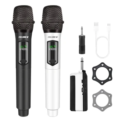 Afbeelding van talomen Professionele draadloze microfoon, dubbel microfoonsysteem met 2,4 GHz, dynamisch, oplaadbaar, ontvanger, 160 ft buiten, ideaal voor karaoke, zangen, feesten, avonden, DJ, K60 2, zwart/wit