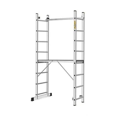 Afbeelding van DRABEST Laddersteiger 3in1 Multifunctionele Ladder Trapladder, Uitschuifladder, Steiger Aluminium 2,14 M Lang Werkhoogte 2,97 2 X 8 Sporten 46x214x14 Cm Werkplatform Tot 150 Kg
