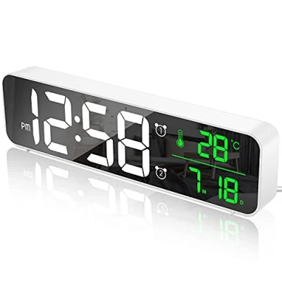 Afbeelding van MOSUO wekker Digitaal groot LED display met temperatuur en datumkalender, nachtkastklok Wandklok Spiegel 40 muziek 2 alarmen 6 niveaus instelbare helderheid 4 volume, USB lading, zilver