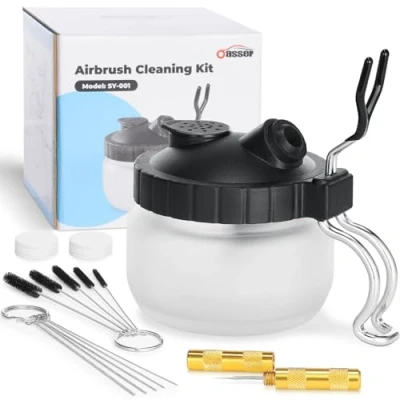 Afbeelding van Oasser Airbrush reinigingsset voor Clean Pot reinigingscontainer van glas met houder, 5 reinigingsnaalden, reinigingsborstels, 1 wasnaald, 8 extra filterreinigingsset