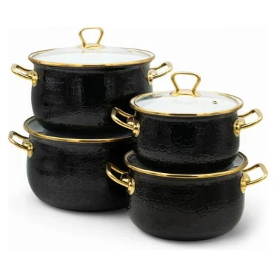 Afbeelding van Meyerhoff 8 delige Unieke Emaille Pannenset Gehard Glas Deksels Gouden Design Handvatten Zwart Patroon