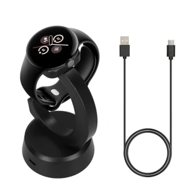 Afbeelding van kwmobile sporthorloge laadstation geschikt voor Google Pixel Watch 3 / 2 Fitbit Versa 4 Ace LTE oplader Smartwatch lader en houder Met magneet 100 cm kabel in zwart