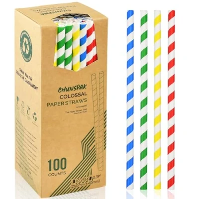 Afbeelding van 26 cm extra lang, 10 mm breed, grote wegwerprietjes van papier voor dikke smoothies, milkshakes, kleurrijke strepen, 100 stuks, 100% biologisch afbreekbaar