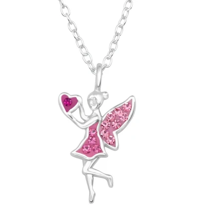 Afbeelding van JoyS Zilveren fee / elfje hanger hartje fairy inclusief ketting 39 cm (extra oogje bij 36 cm) zilver met roze en kristal