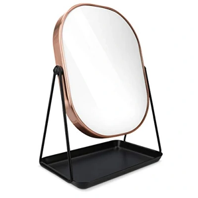 Afbeelding van Navaris make up spiegel met sieradenschaal koper Tafelspiegel zwart Staande accessoireschaalje Roterende opmaakspiegel