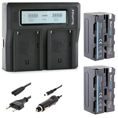 Afbeelding van 2 x Blumax accu NP F750 / F550 5200mAh + Dual LCD oplader compatibel met Sony F570 F970 F990 voor flitsers, videolampen, fieldmonitor