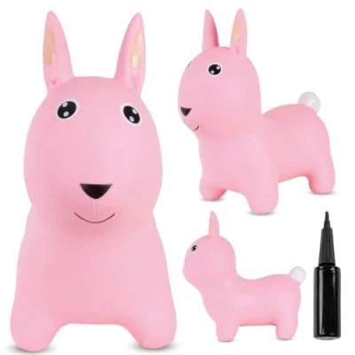 Afbeelding van Springdier met pomp 1+, springpaard, springhond, max 50kg vanaf 1 jaar, verschillende dieren en kleuren (Roze Konijn)