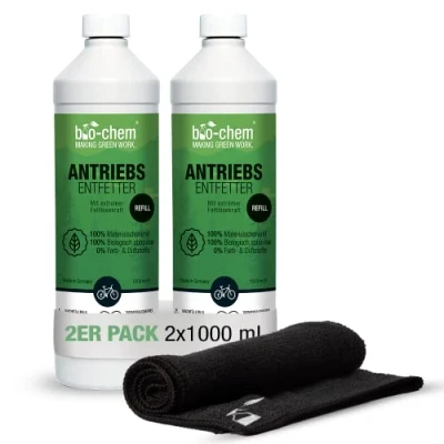 Afbeelding van bio chem vloeibare fietskettingreiniger aandrijflijn ontvetter 2x 1 l + doek effectief &amp; biologisch afbreekbaar voor de materiaalvriendelijke reiniging van fietsketting