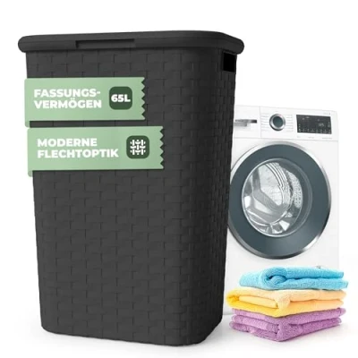 Afbeelding van Spetebo wasmand in gevlochten look 65 liter antraciet met deksel