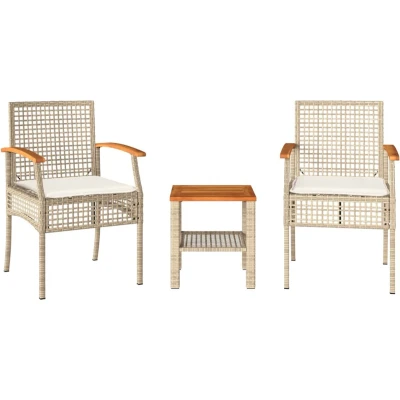 Afbeelding van 3 delige Bistroset met kussens poly rattan en acaciahout beige