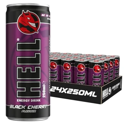Afbeelding van HELL Energy Drink zwarte kersensmaak 24 x 250 ml blikjes multipack 32 mg/100 cafeïne Bevat vitamine B2 B3 B5 B6 B12 Conserveermiddel Gratis Veganistisch Verminder vermoeidheid en boost