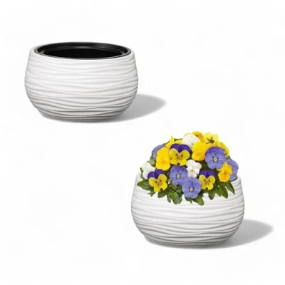 Afbeelding van MELTOM Bloempot, bloembak met uitneembare inzetstuk, rond, golven, 3D effect, wit