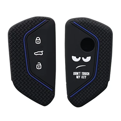 Afbeelding van kwmobile Autosleutel hoesje geschikt voor VW Golf 8 3 knops behuizing in wit / zwart blauw Don&#039;t Touch My Key design